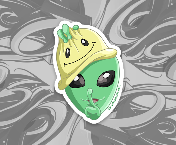 sticker of an alien with a hat holding finger to mouth