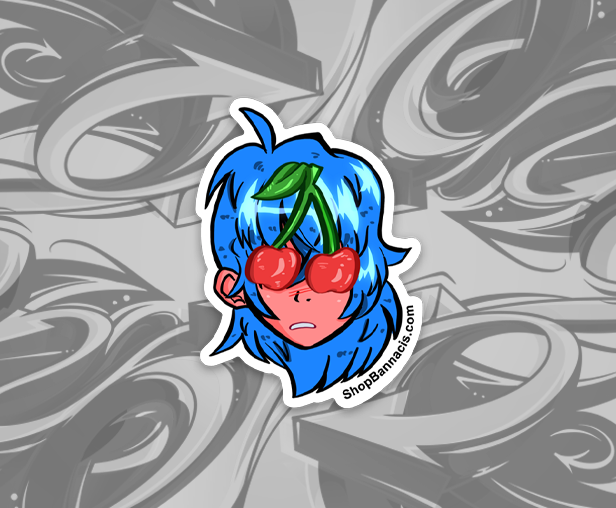 sticker of girl with cherry eyes and blue hair